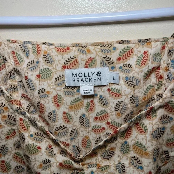 Mod Cloth Molly Bracken Size Large Cream Gold Foil Ruffle Fall V-Neck Blouse - Picture 9 of 12